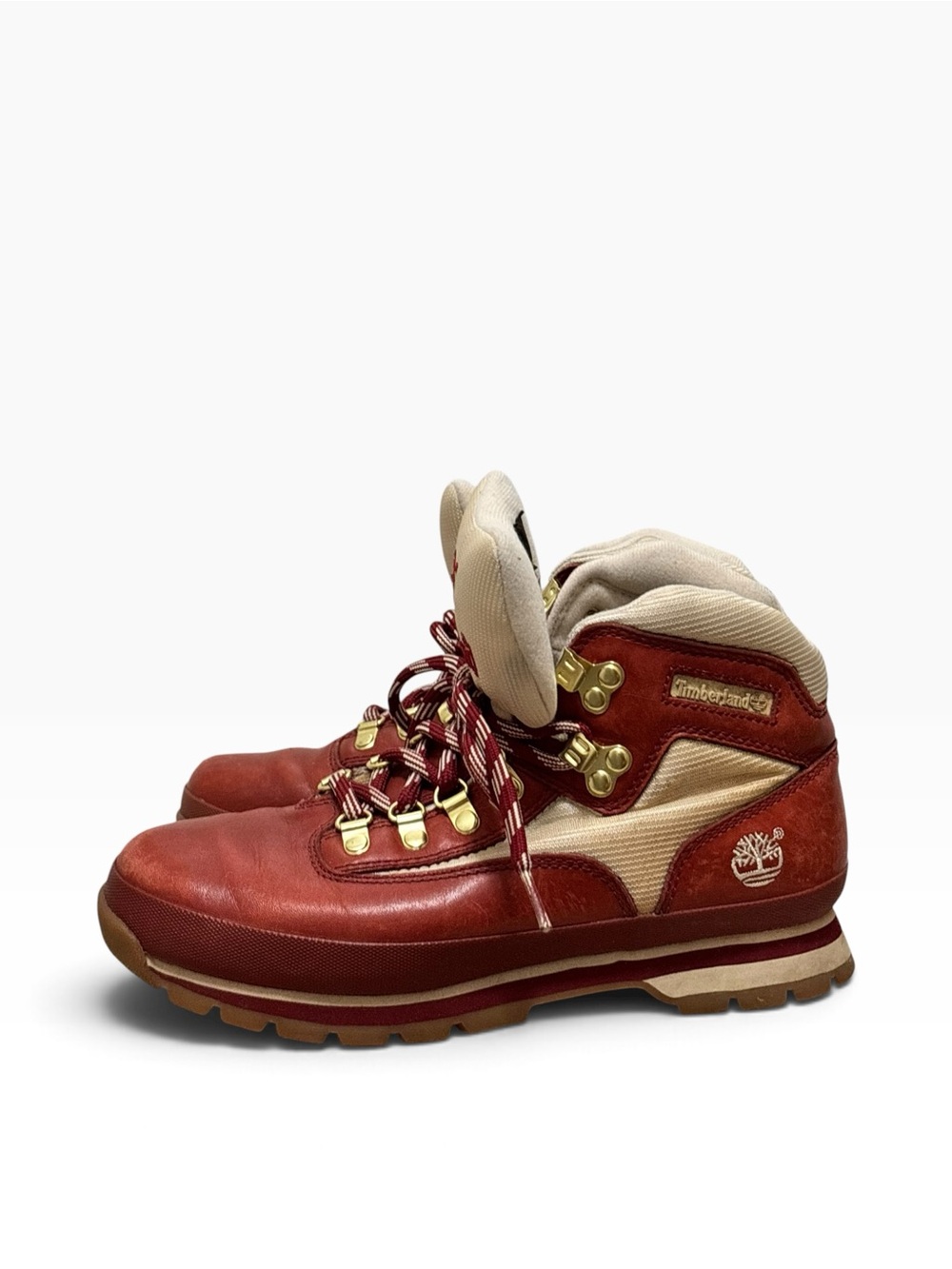 Vintage Timberland Red Leather Canvas Hiking Boots Gold Hardware Sz 9M - Picture 2 of 6